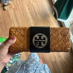 Tory Burch Tan Woven Clutch with Black and Silver Accent